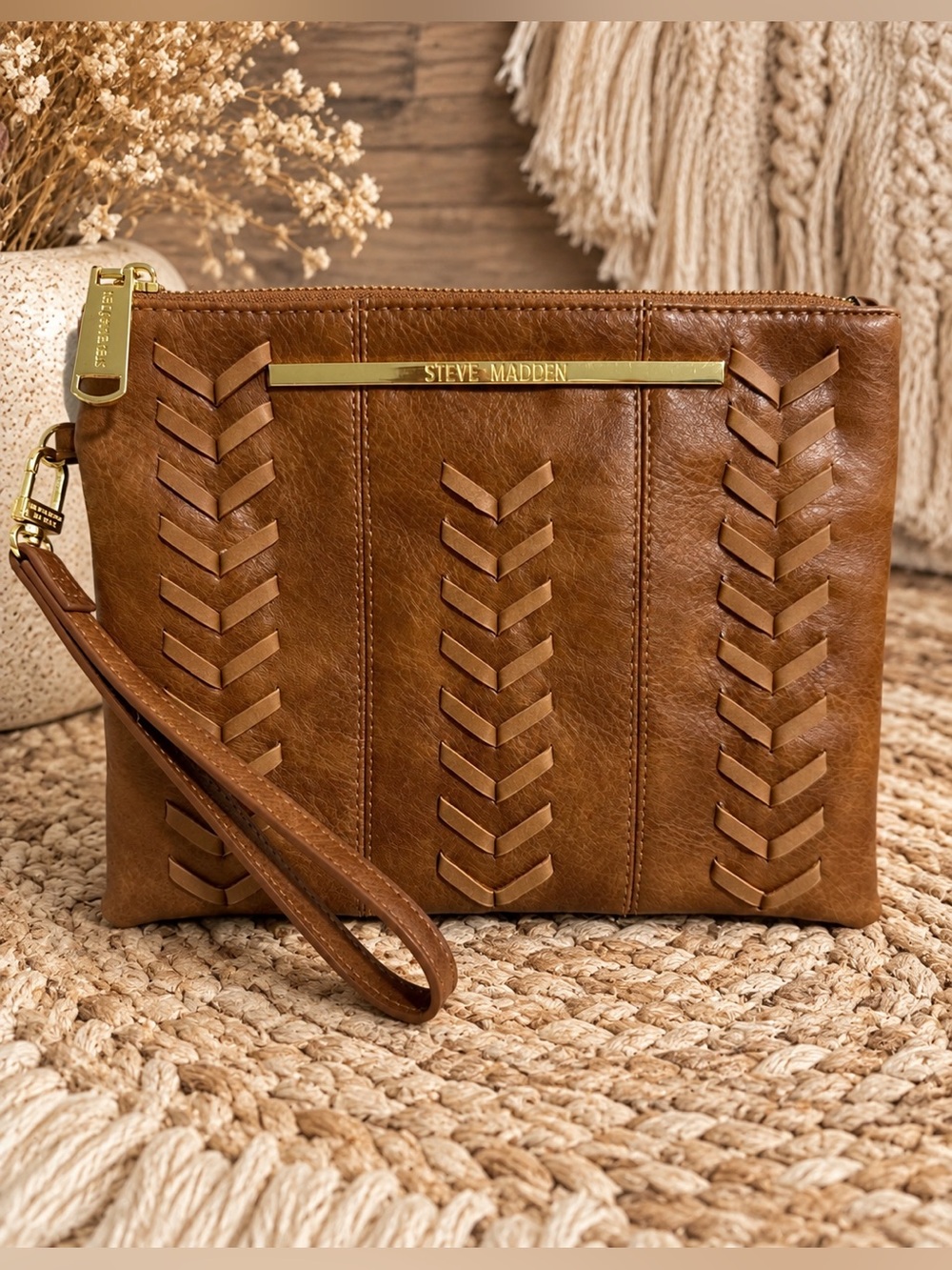Steve Madden Boho Western Chevron Whipstitch Vegan Leather Wristlet Clutch